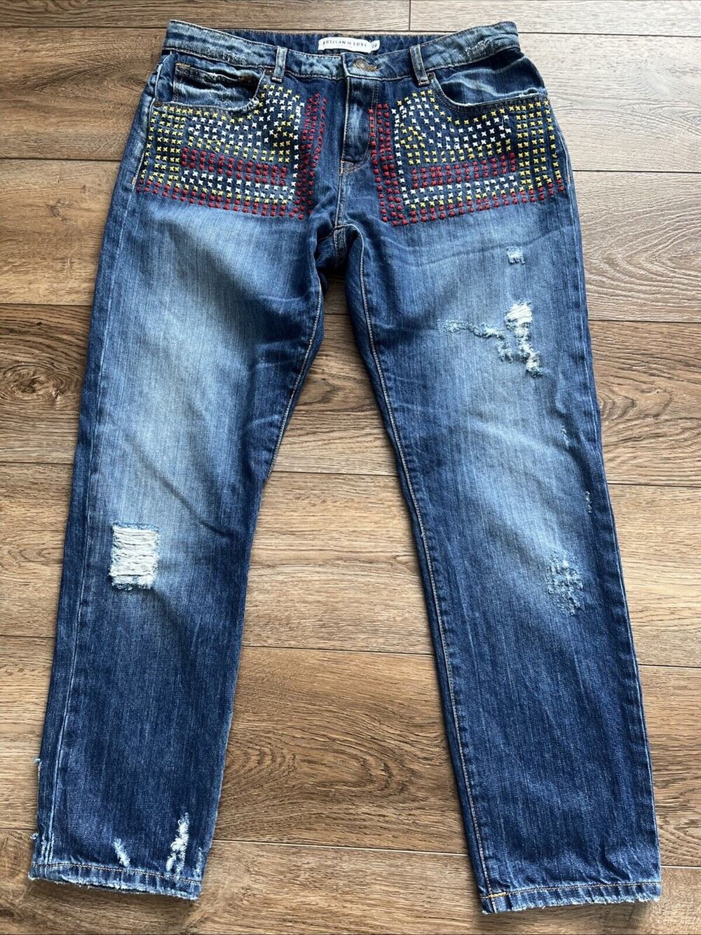 Artisan De Luxe Jean Women 28* Embroidered Distressed Ankle Mid-Rise Boho Hippie